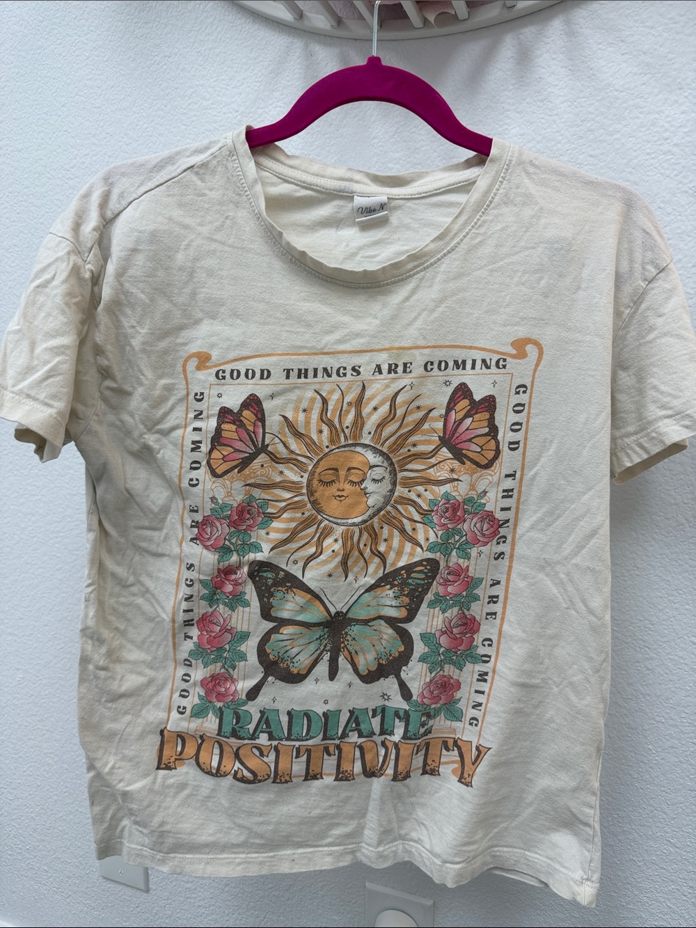 Radiate Positivity Graphic Tee - Cream Sun & Butterfly Print